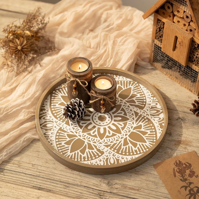 Hanobe Round Decorative Tray for Centerpiece: Boho Coffee Table Trays for Home Decor - Farmhouse Wood Serving Platter Rustic Circle Bohemian for Kitchen Counter Women - Image 2